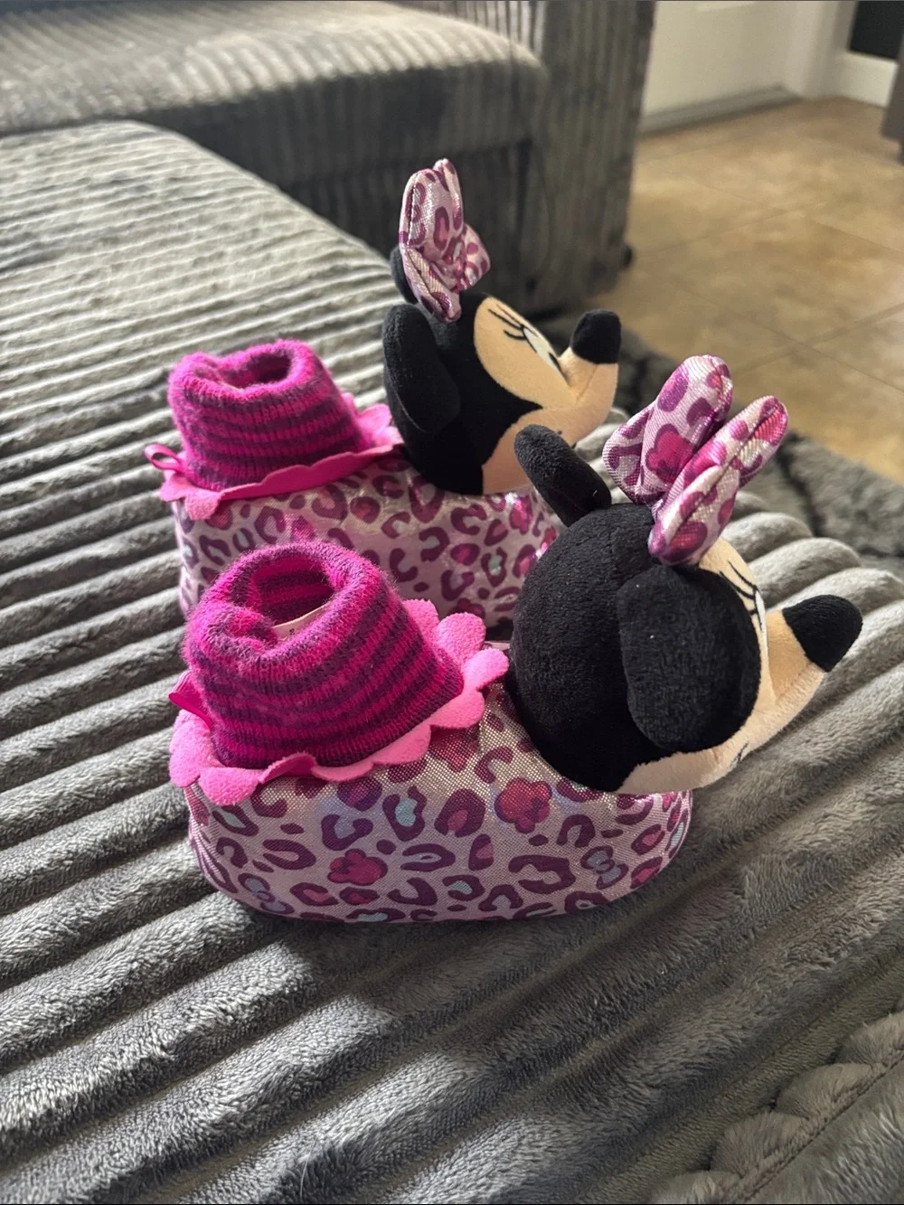 Disney Minnie Mouse Pink Leopard Plush Slippers with Bow